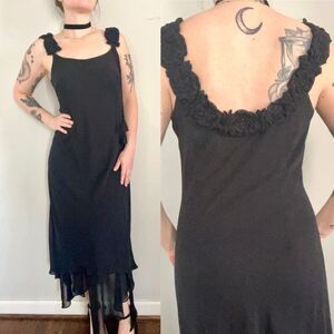 Vtg 90s Whimsygoth Cocktail Dress Fairycore Goth Black Roses Beading Size M